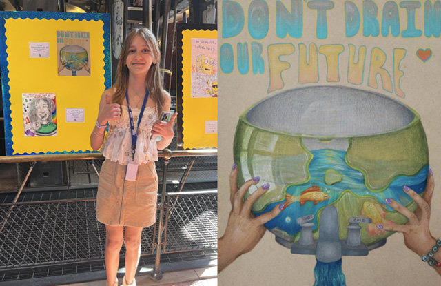 A drawing by a pre-k student of two hearts and a hand